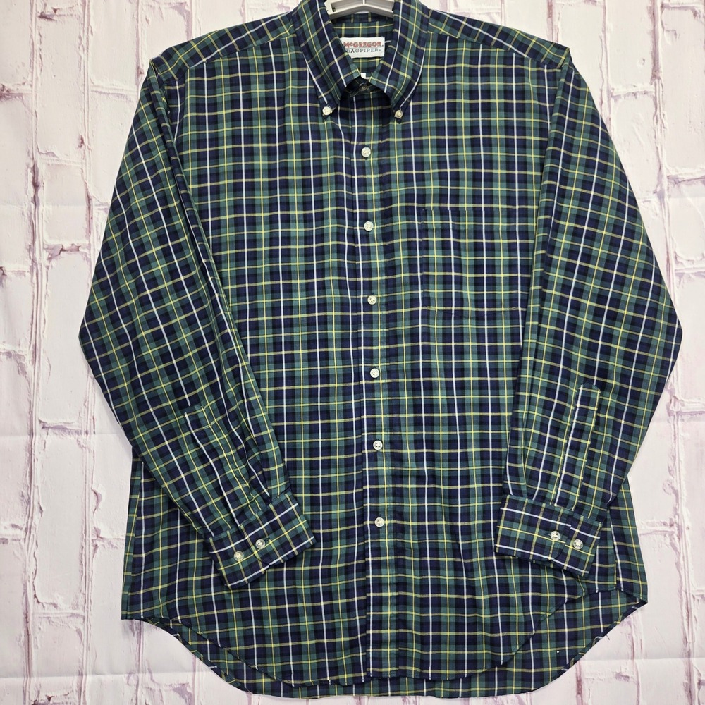 Vintage McGregor Bagpiper Button Down Shirt Green Plaid Long Sleeve Mens Large